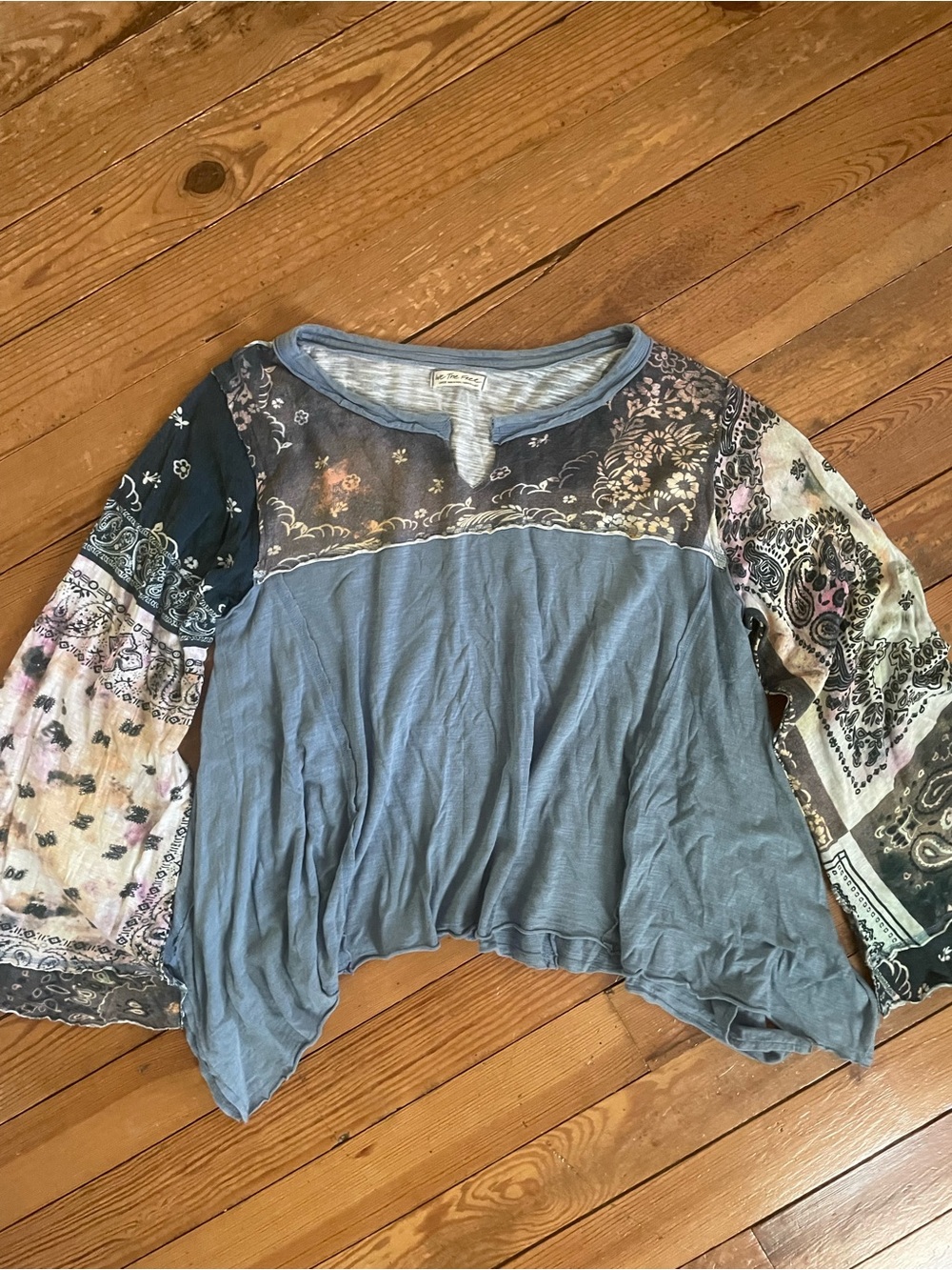 We The Free Patchwork Boho Tunic in Slate Blue with Floral Panels